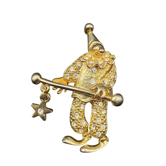 Jewelry - Vintage Gold Tone Dancing Clown Brooch Articulated Rhinestones Star Charm Baton